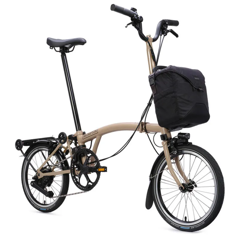Brompton C Line Electric 4 speed Folding Bike with Rack in Dune Sand