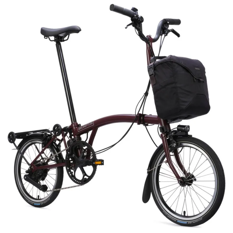 Brompton C Line Electric 4 speed Folding Bike with Rack in Red Plum