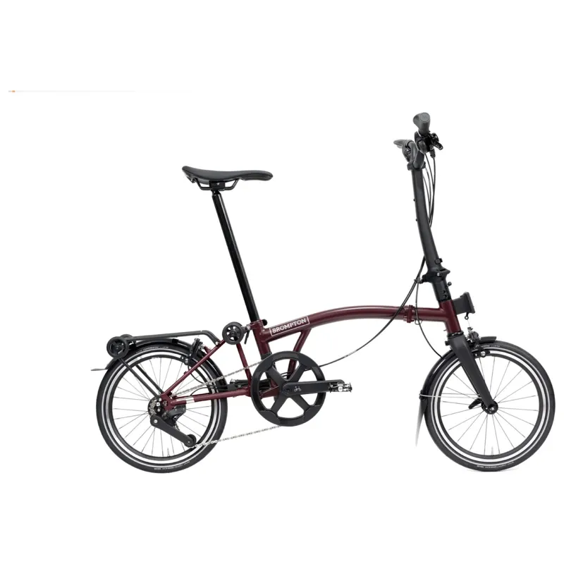 Brompton P-Line 12-speed folding bike with SuperRoll+ in Plum Red